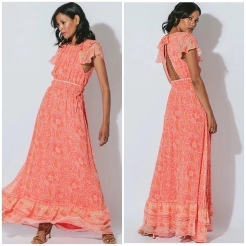 Cleobella Hannah Cutout Tiered Ruffle Maxi Dress in Coral Blossom Size XS